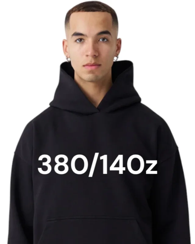 Black 380 gram 14 ounce heavyweight hoodie worn by a model