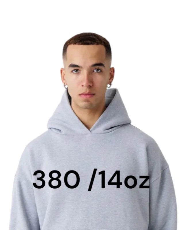 Light grey 380 gram 14 ounce heavyweight hoodie worn by a model