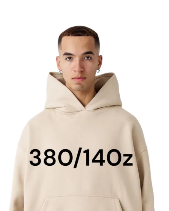 Sand 380 gram 14 ounce heavyweight hoodie worn by a model
