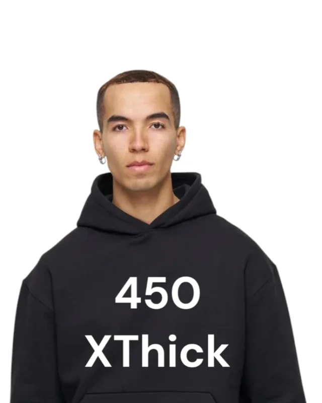Black 450 gram extra thick hoodie worn by a model