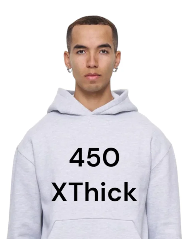 Heather grey 450 gram extra thick hoodie worn by a model