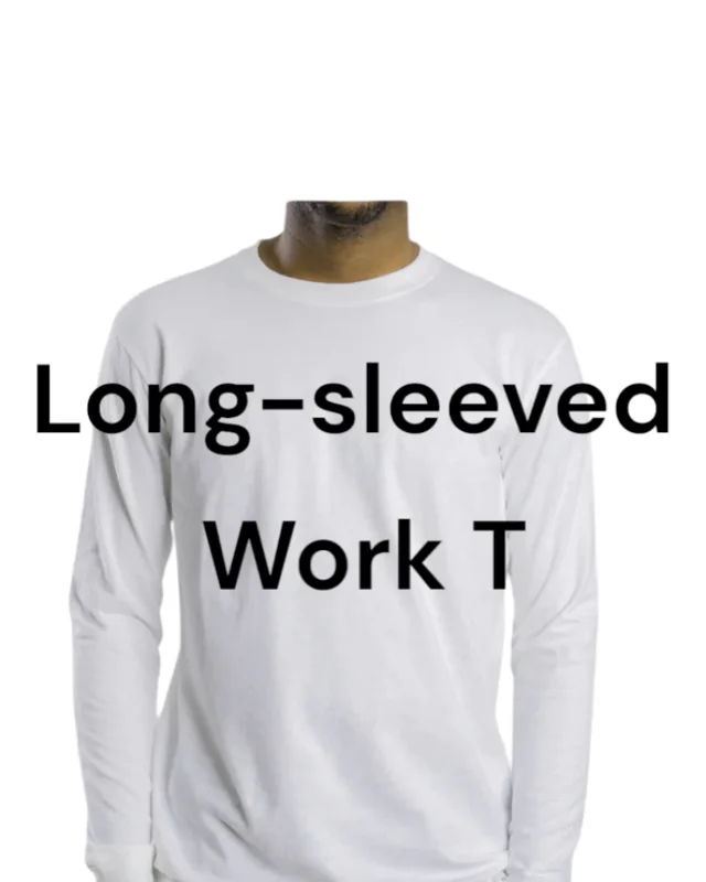 White long sleeve ribbed work t-shirt worn by a model