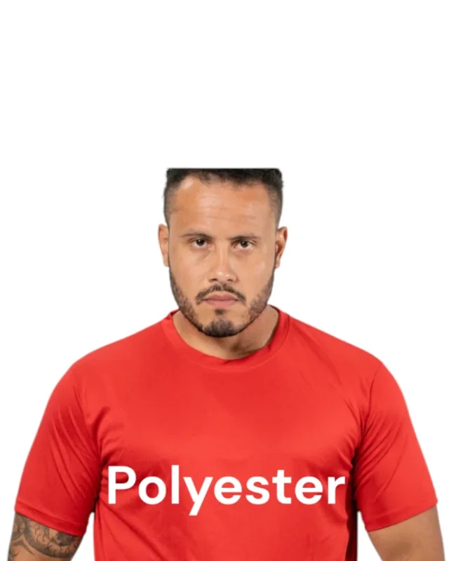 Red polyester work t-shirt worn by a model