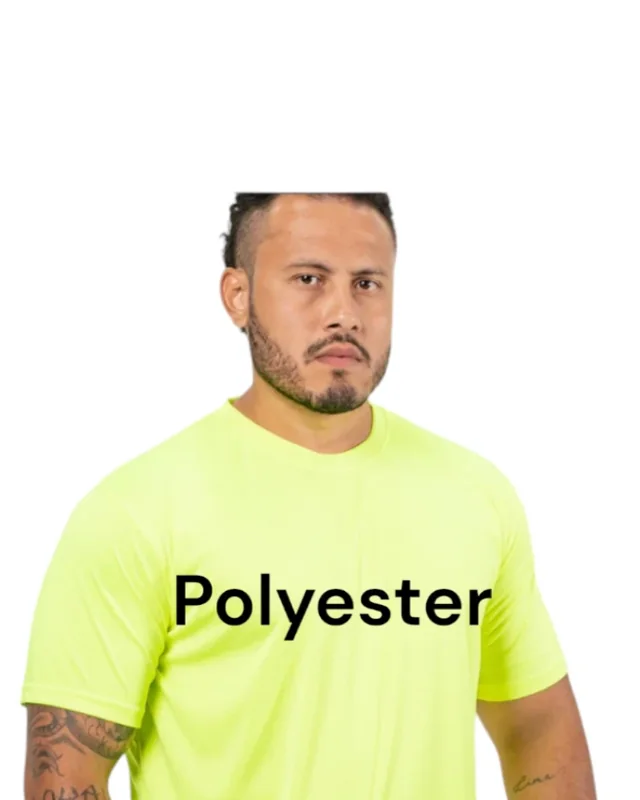 Safety yellow polyester work t-shirt worn by a model
